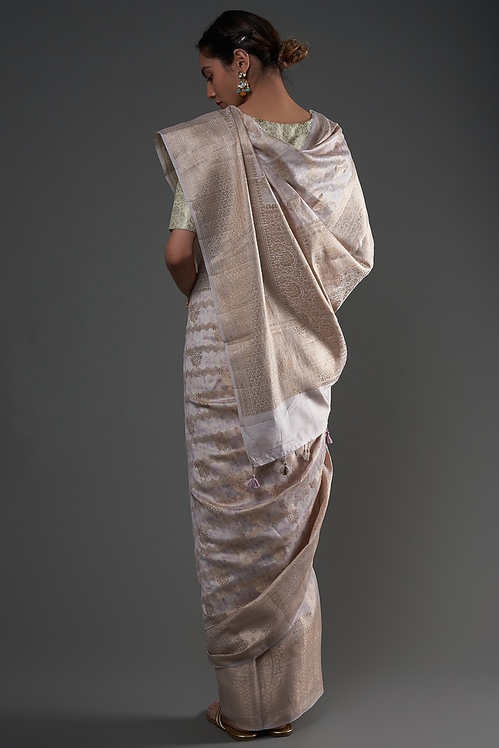 White Pure Chiniya Silk Handwoven Printed Party Wear Saree  by Umay Benaras at Pernia's Pop Up Shop