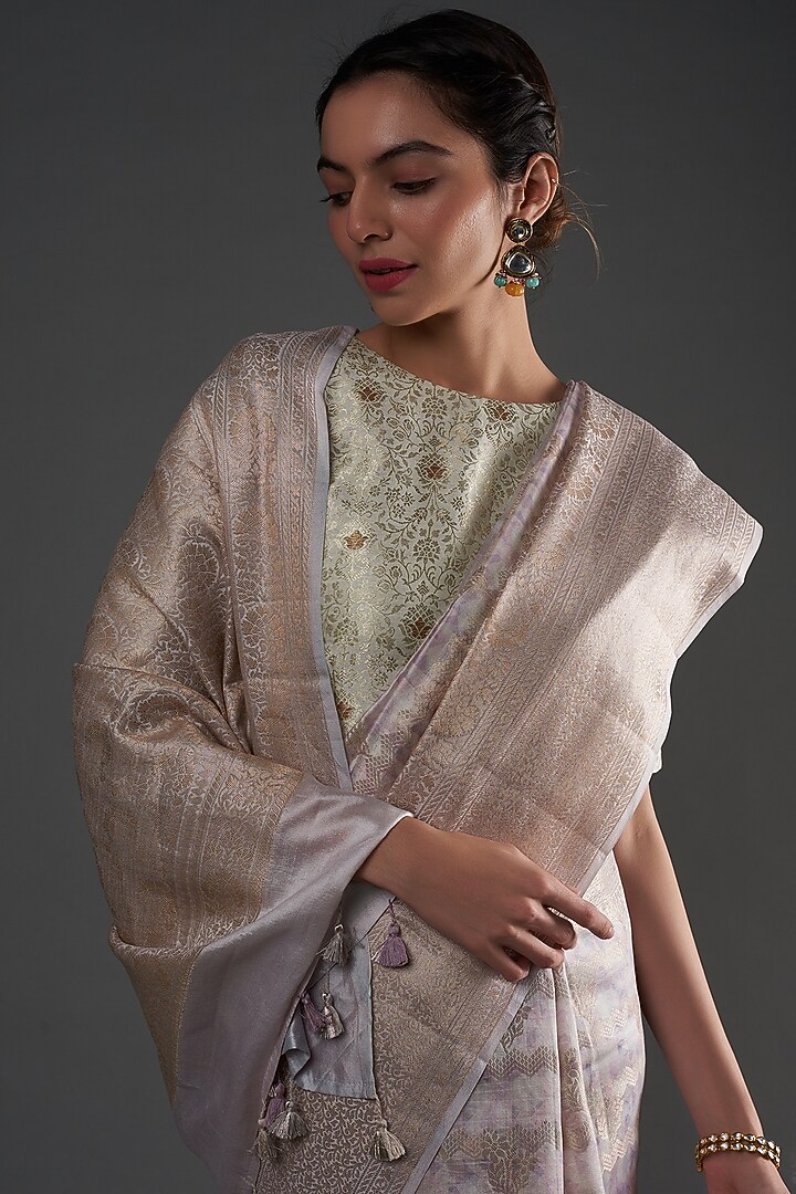 White Pure Chiniya Silk Handwoven Printed Party Wear Saree  by Umay Benaras at Pernia's Pop Up Shop
