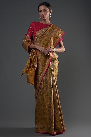 Mustard Pure Katan Silk Handwoven Printed Handloom Saree by Umay Benaras