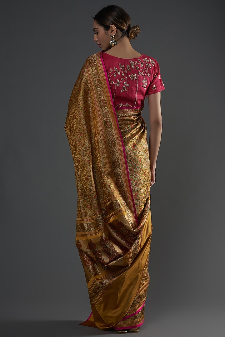 Mustard Pure Katan Silk Handwoven Printed Handloom Wedding Saree by Umay Benaras at Pernia's Pop Up Shop