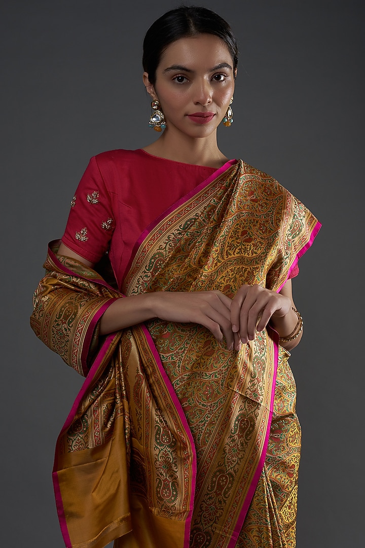 Mustard Pure Katan Silk Handwoven Printed Handloom Wedding Saree by Umay Benaras at Pernia's Pop Up Shop