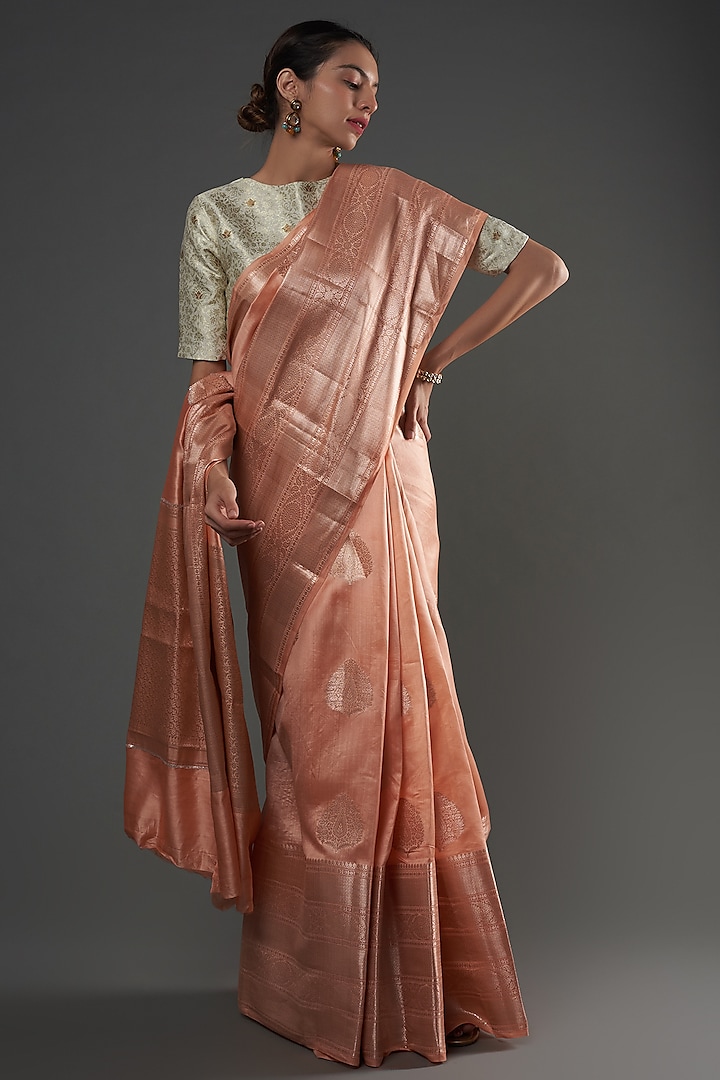Peach Pure Chiniya Silk Handwoven Printed Handloom Saree by Umay Benaras
