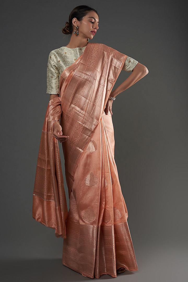 Peach Pure Chiniya Silk Handwoven Printed Handloom Saree by Umay Benaras at Pernia's Pop Up Shop