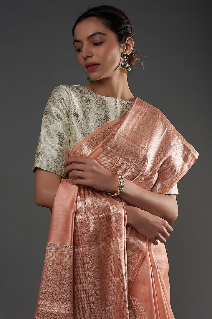 Peach Pure Chiniya Silk Handwoven Printed Handloom Party Wear Saree by Umay Benaras at Pernia's Pop Up Shop