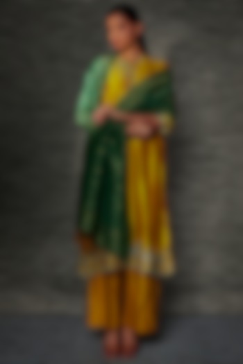 Green Moonga Silk Handwoven Dupatta by Umay Benaras