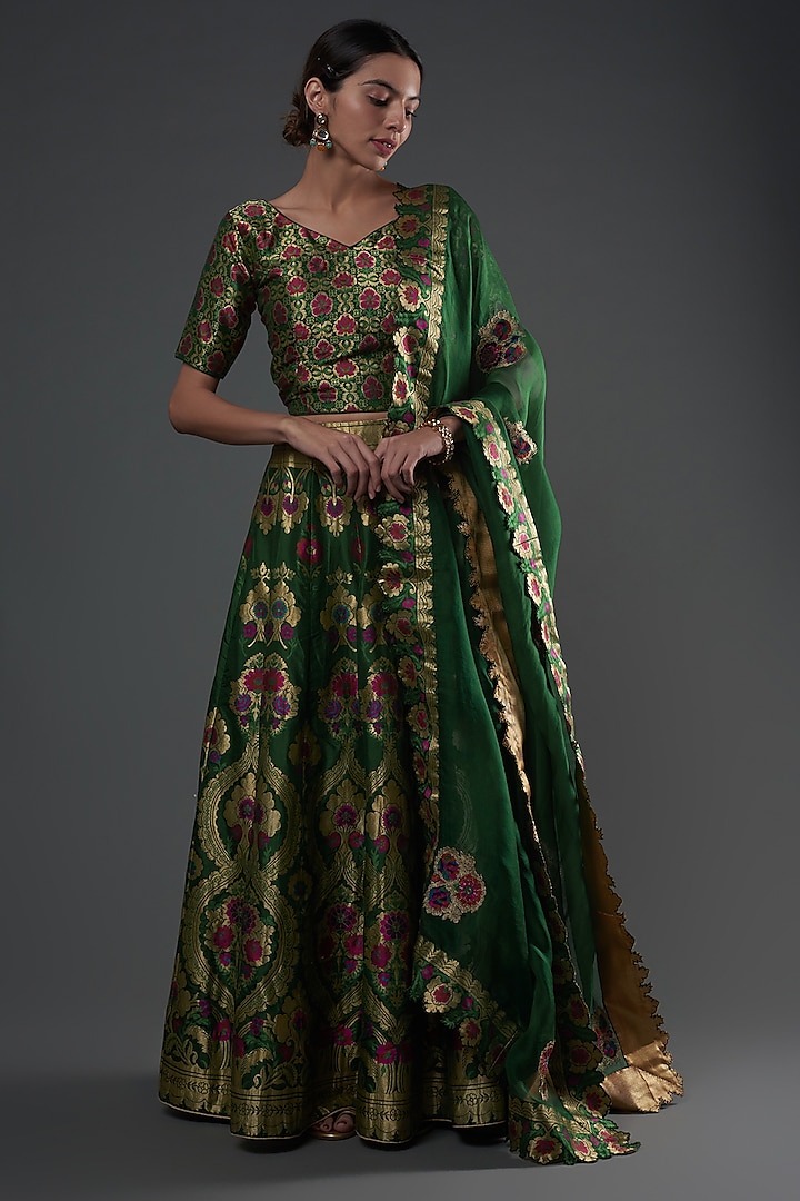 Green Silk Brocade Embroidered Lehenga Set by Umay Benaras