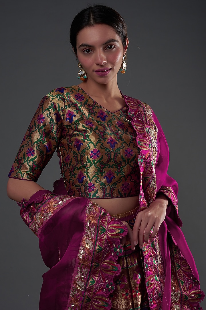 Purple Silk Brocade Embroidered Wedding Lehenga Set by Umay Benaras at Pernia's Pop Up Shop