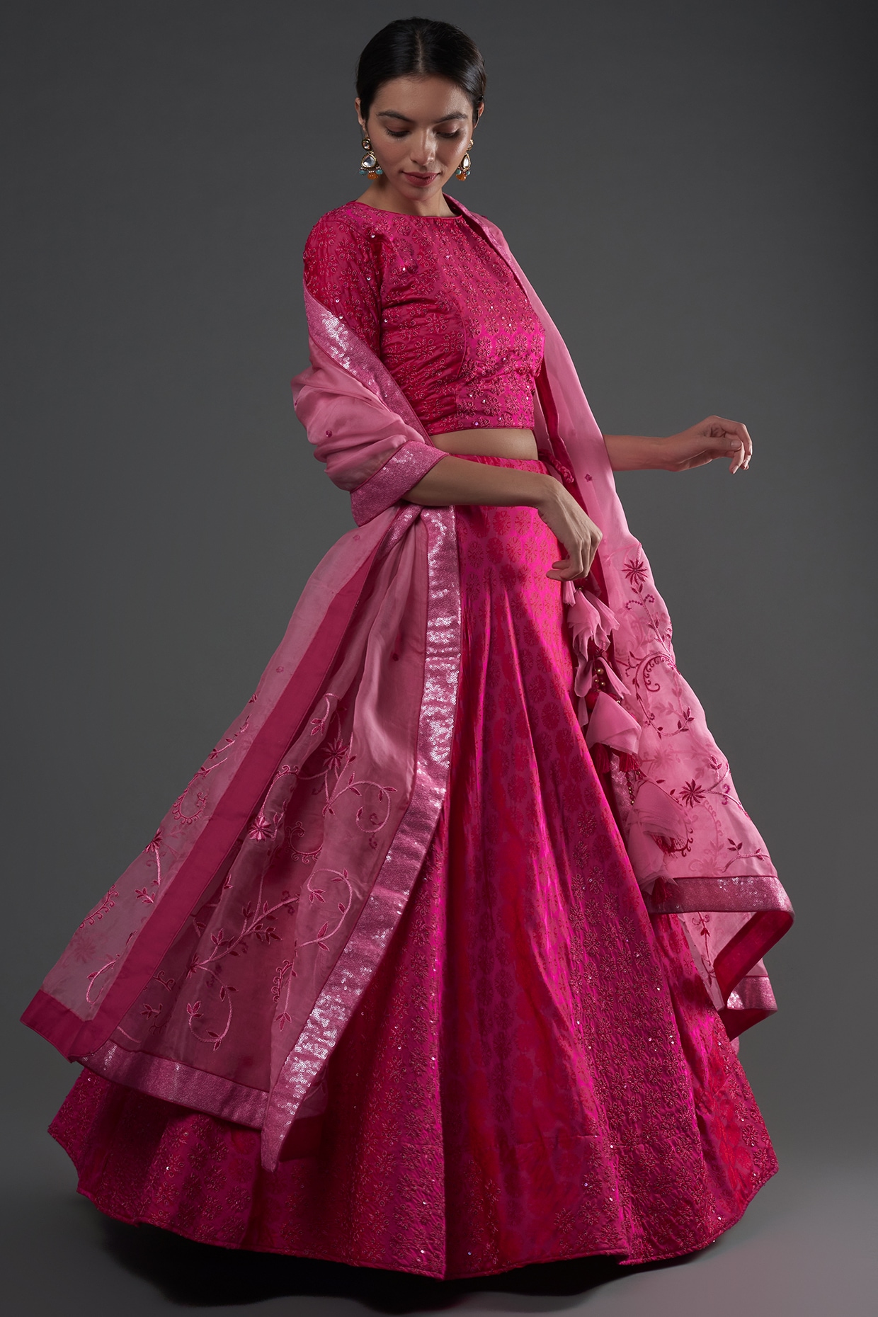 Pista Color Lucknowi Thread Work Georgette Lehenga With Foil