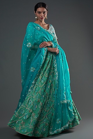 Blue Silk Hand Embroidered Lehenga Set by Umay Benaras