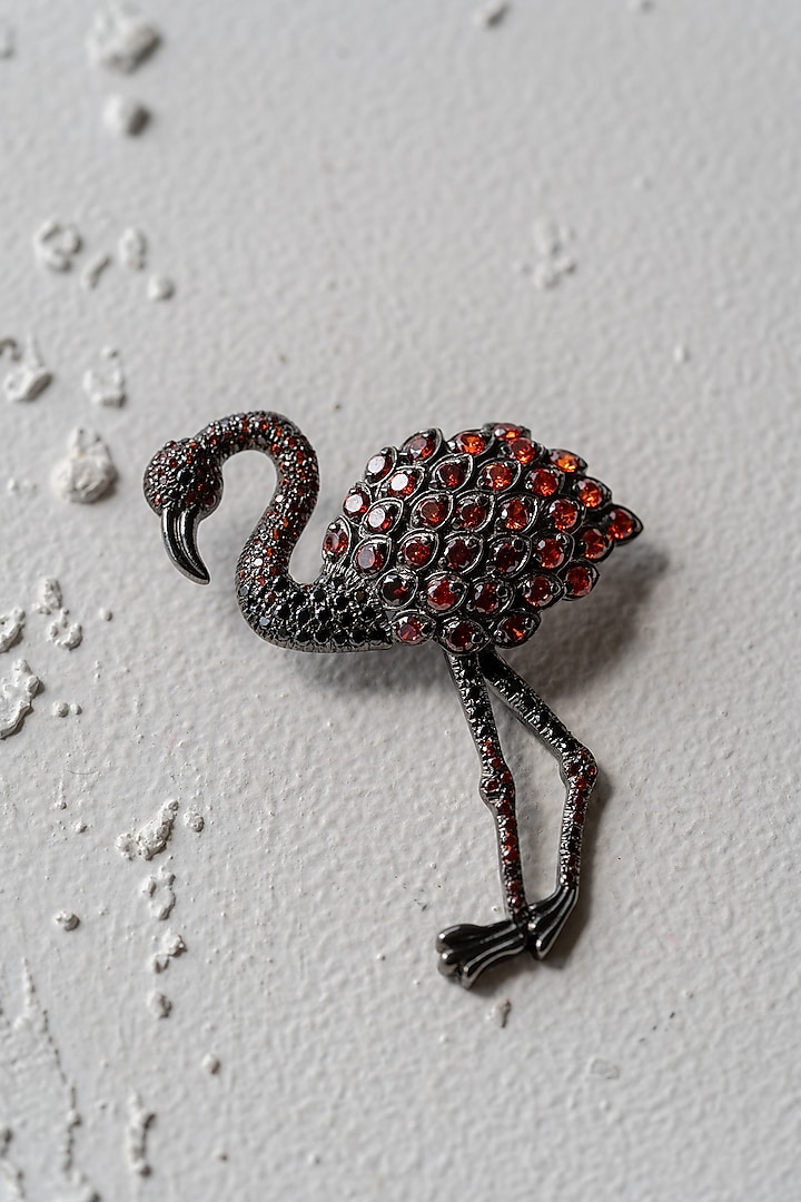 Ruthenium Finish Garnet Flamingo Brooch In Recycled Sterling Silver by Unbent Jewellery