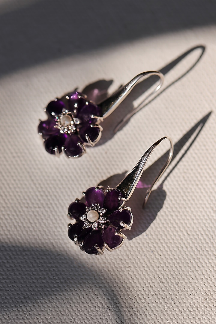 White Gold Finish Amethyst Earrings In Recycled Sterling Silver by Unbent Jewellery at Pernia's Pop Up Shop