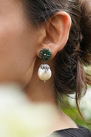 White Finish Baroque Pearl & Green Aventurine Dangler Earrings In Sterling Silver by Unbent Jewellery