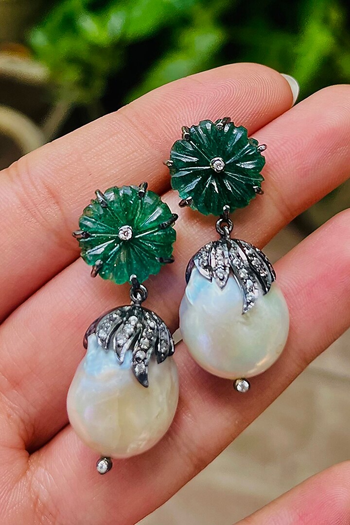 White Finish Baroque Pearl & Green Aventurine Dangler Earrings In Sterling Silver by Unbent Jewellery at Pernia's Pop Up Shop