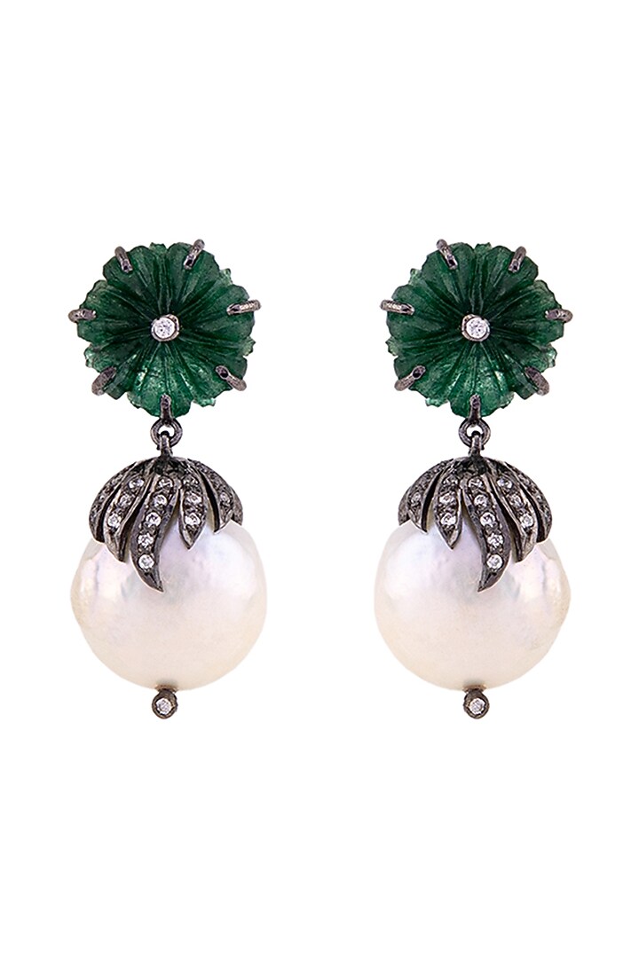 White Finish Baroque Pearl & Green Aventurine Dangler Earrings In Sterling Silver by Unbent Jewellery at Pernia's Pop Up Shop