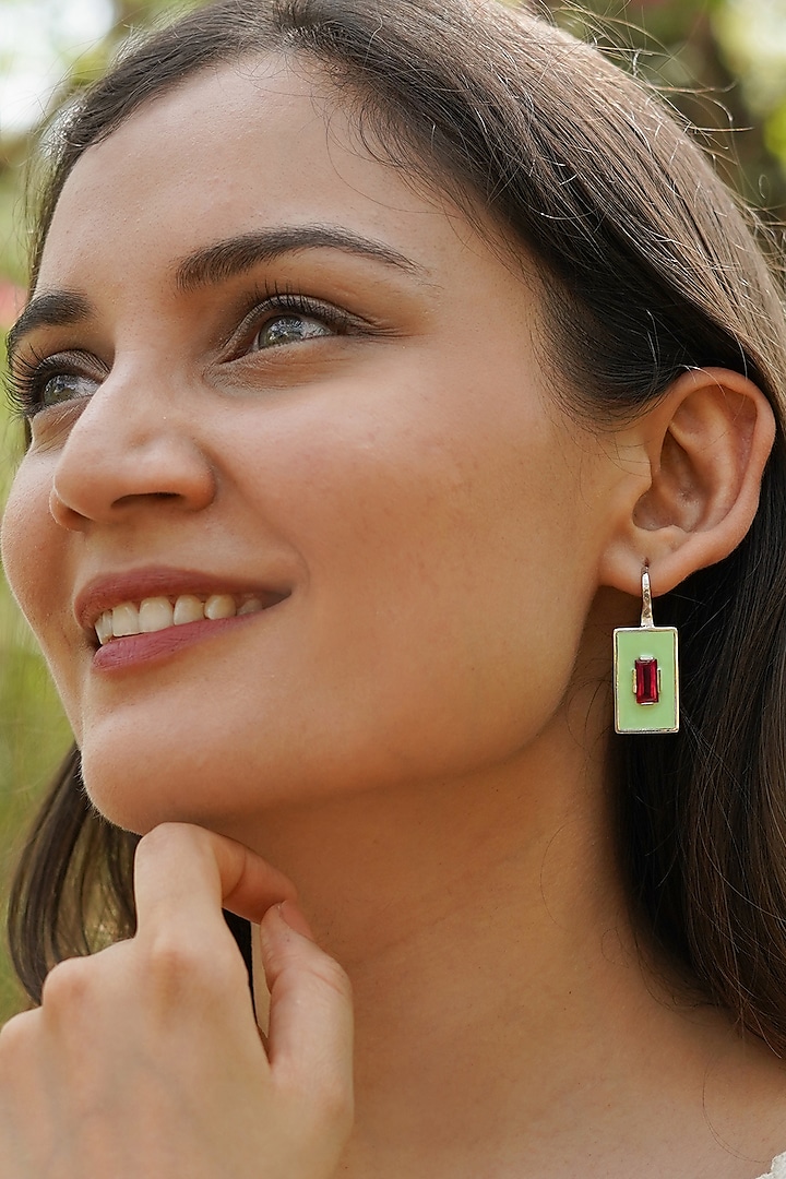 White Finish Rose Quartz Enameled Dangler Earrings In Sterling Silver by Unbent Jewellery at Pernia's Pop Up Shop