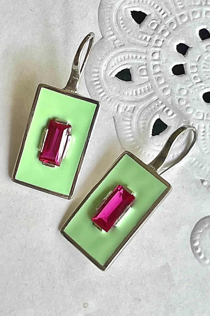 White Finish Rose Quartz Enameled Dangler Earrings In Sterling Silver by Unbent Jewellery at Pernia's Pop Up Shop