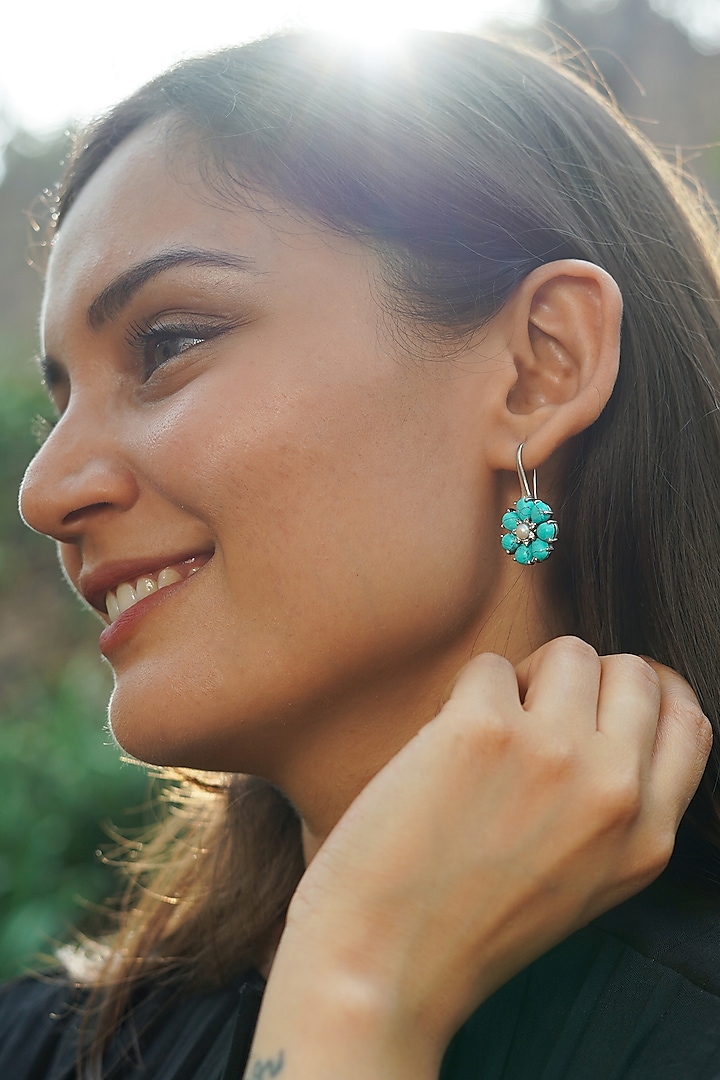 White Finish Turquoise Stone & Pearl Floral Dangler Earrings In Sterling Silver by Unbent Jewellery at Pernia's Pop Up Shop