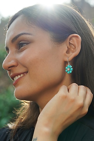 White Finish Turquoise Stone & Pearl Floral Dangler Earrings In Sterling Silver by Unbent Jewellery