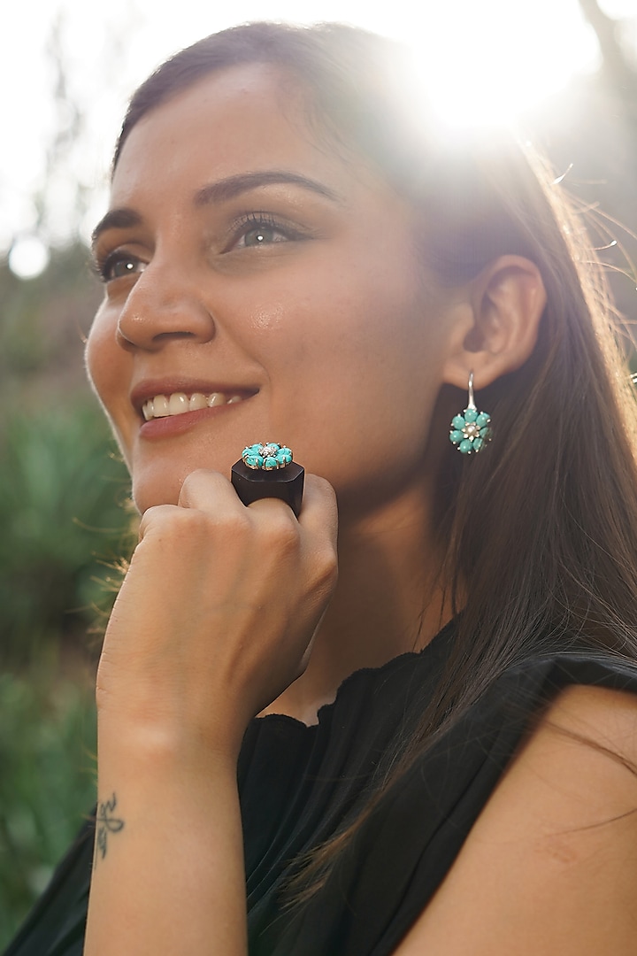 White Finish Turquoise Stone & CZ Ring In Sterling Silver by Unbent Jewellery at Pernia's Pop Up Shop