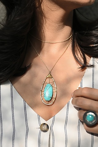 Gold Finish Turquoise Stone Pendant Necklace In Sterling Silver by Unbent Jewellery