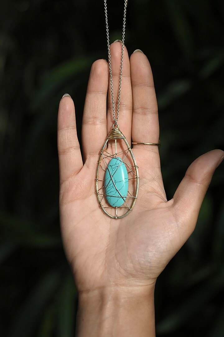 Gold Finish Turquoise Stone Pendant Necklace In Sterling Silver by Unbent Jewellery at Pernia's Pop Up Shop