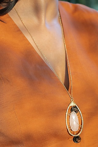 Gold Finish Rose Quartz Gemstone Pendant Necklace In Sterling Silver by Unbent Jewellery