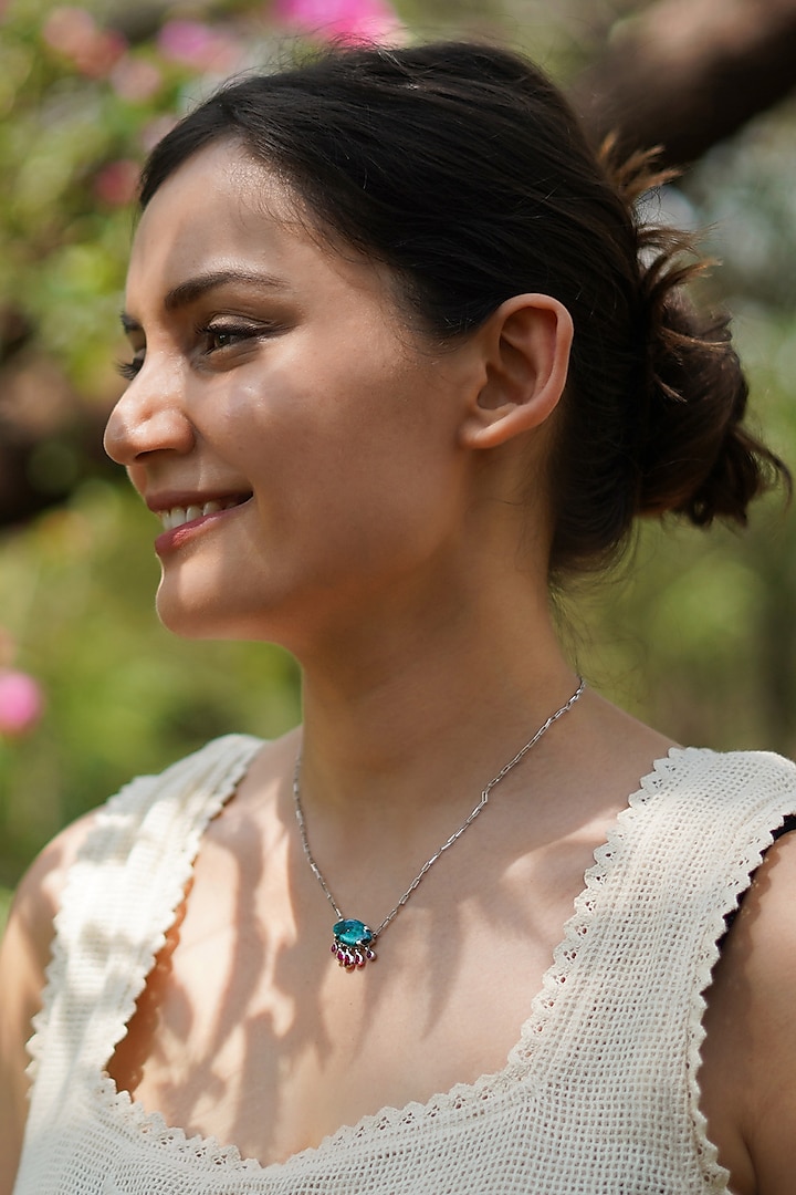 White Finish Turquoise Stone & CZ Evil Eye Necklace In Sterling Silver by Unbent Jewellery at Pernia's Pop Up Shop