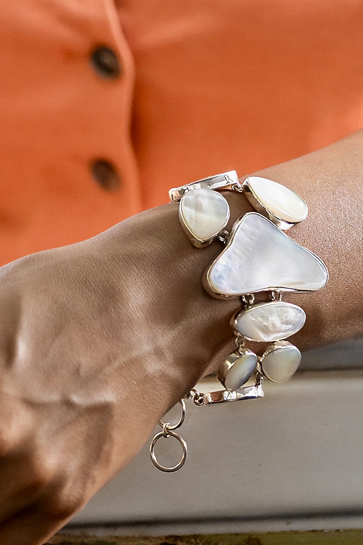 White Finish Mother Of Pearl Bracelet In Sterling Silver by Unbent Jewellery at Pernia's Pop Up Shop