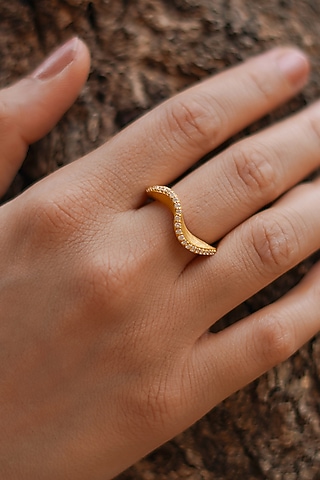 Gold Finish CZ Curved Ring In Sterling Silver by Unbent Jewellery