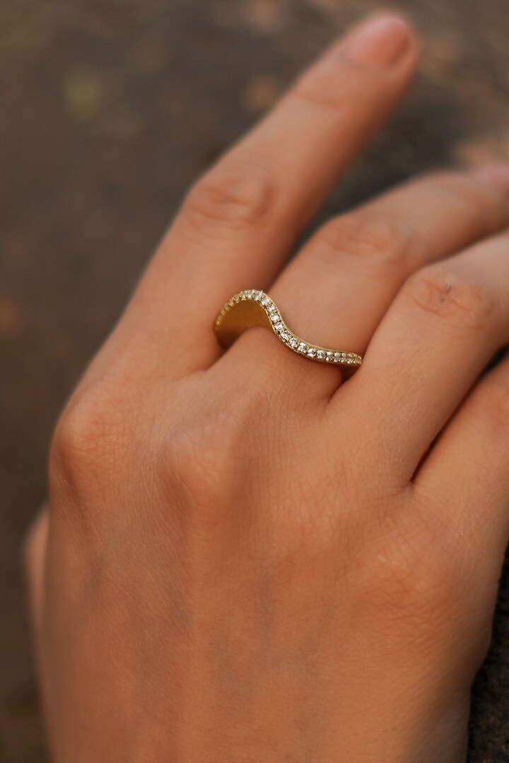 Gold Finish CZ Curved Ring In Sterling Silver by Unbent Jewellery at Pernia's Pop Up Shop