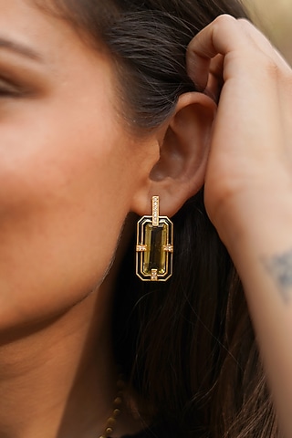 Gold Finish Lemon Quartz Stone Enameled Dangler Earrings In Sterling Silver by Unbent Jewellery
