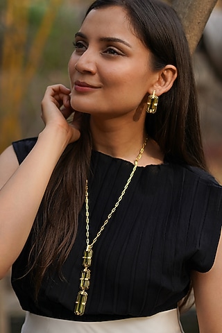 Gold Finish Lemon Quartz & CZ Baguette Pendant Necklace In Sterling Silver by Unbent Jewellery