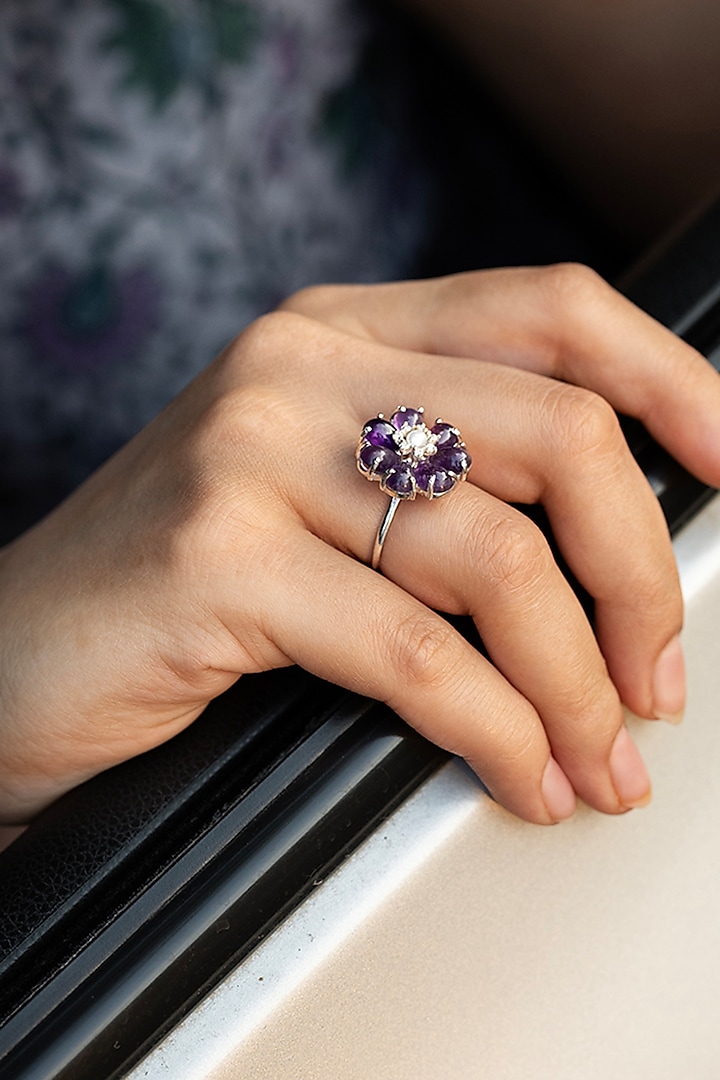 White Finish Purple Amethyst & CZ Floral Ring In Sterling Silver by Unbent Jewellery at Pernia's Pop Up Shop