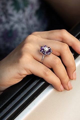 White Finish Purple Amethyst & CZ Floral Ring In Sterling Silver by Unbent Jewellery