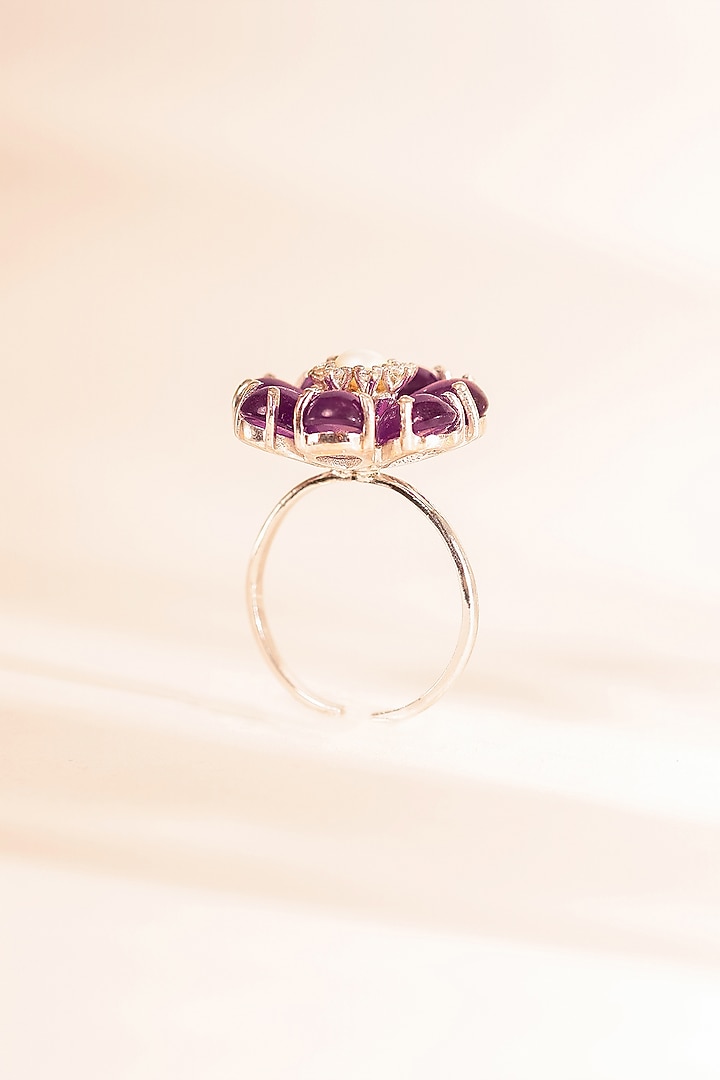 White Finish Purple Amethyst & CZ Floral Ring In Sterling Silver by Unbent Jewellery at Pernia's Pop Up Shop