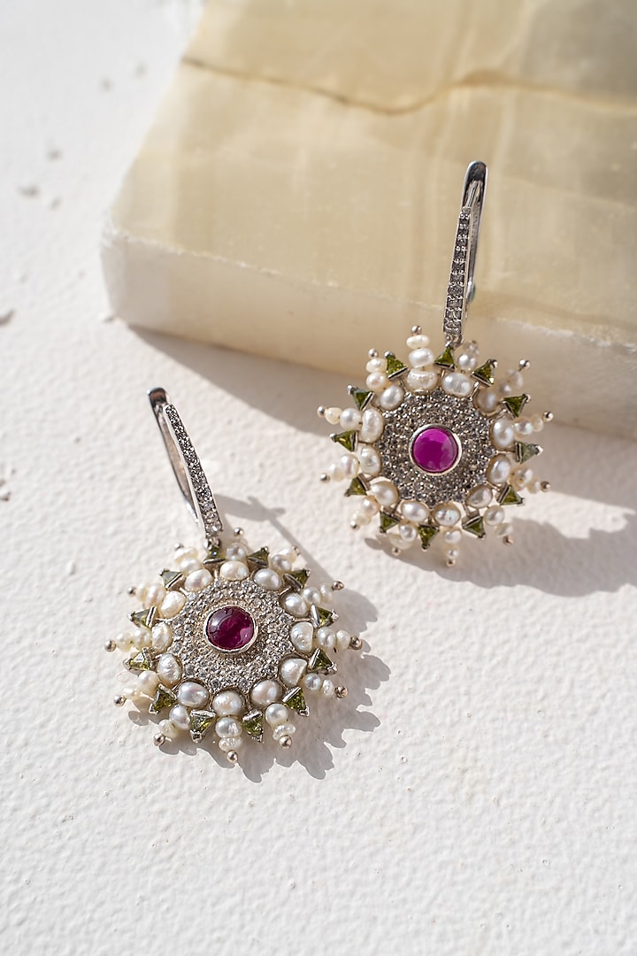 White Gold Plated Ruby Corundum Earrings In Sterling Silver by Unbent Jewellery