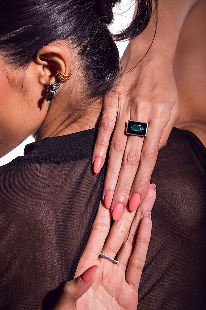 White Gold Plated Green Onyx Ring In Sterling Silver by Unbent Jewellery