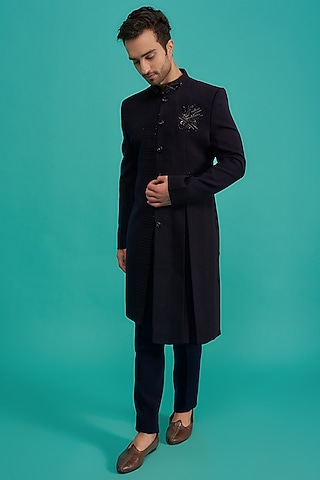 Midnight Blue Japanese Fabric Embroidered Indowestern Set by UNIQA
