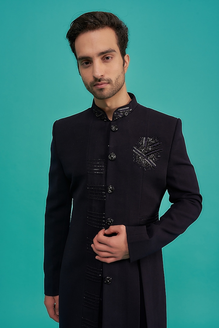 Midnight Blue Japanese Fabric Embroidered Wedding Indowestern Set by UNIQA at Pernia's Pop Up Shop
