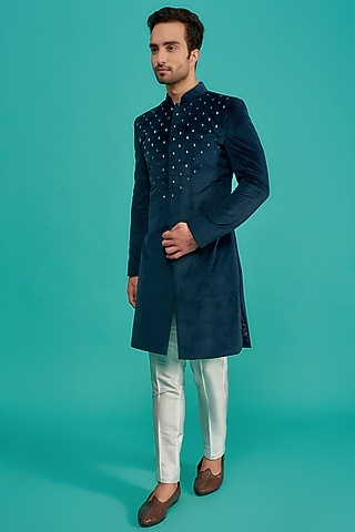 Green Suede Embroidered Indowestern Set by UNIQA