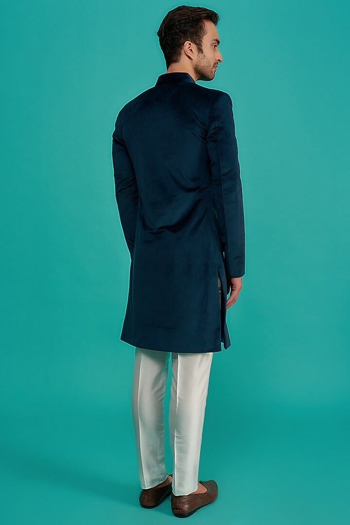 Green Suede Embroidered Wedding Indowestern Set by UNIQA at Pernia's Pop Up Shop
