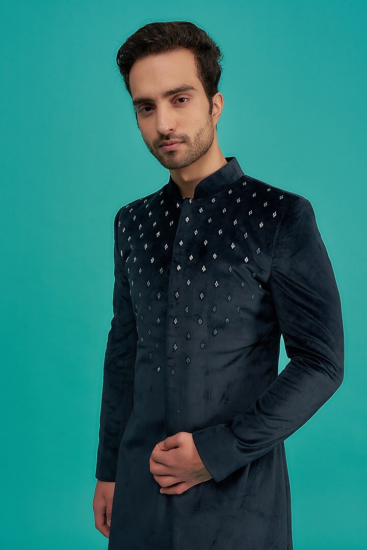 Green Suede Embroidered Wedding Indowestern Set by UNIQA at Pernia's Pop Up Shop