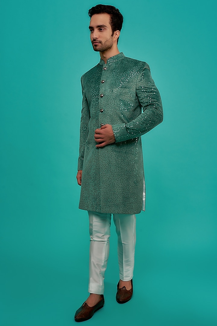 Green Suede Embroidered Indowestern Set by UNIQA