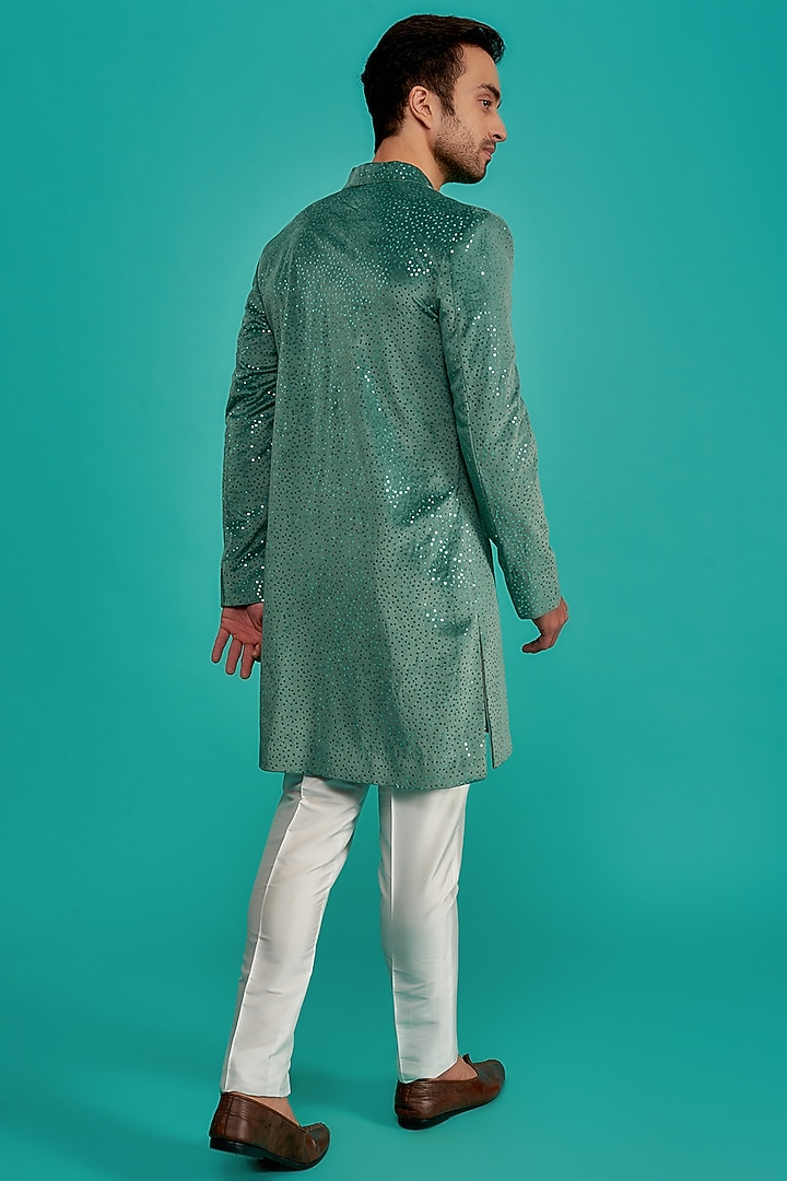 Green Suede Embroidered Indowestern Set by UNIQA at Pernia's Pop Up Shop