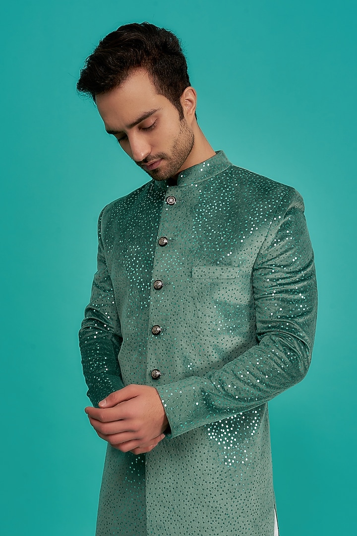 Green Suede Embroidered Indowestern Set by UNIQA at Pernia's Pop Up Shop