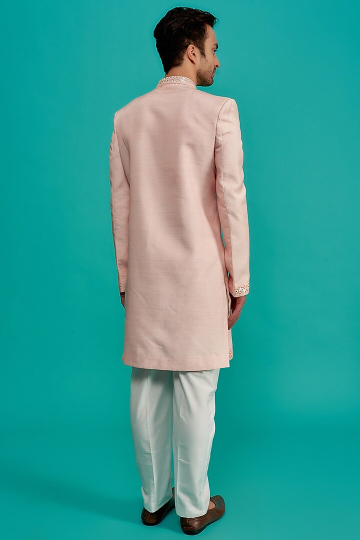Peach Silk Wedding Sherwani Set by UNIQA at Pernia's Pop Up Shop