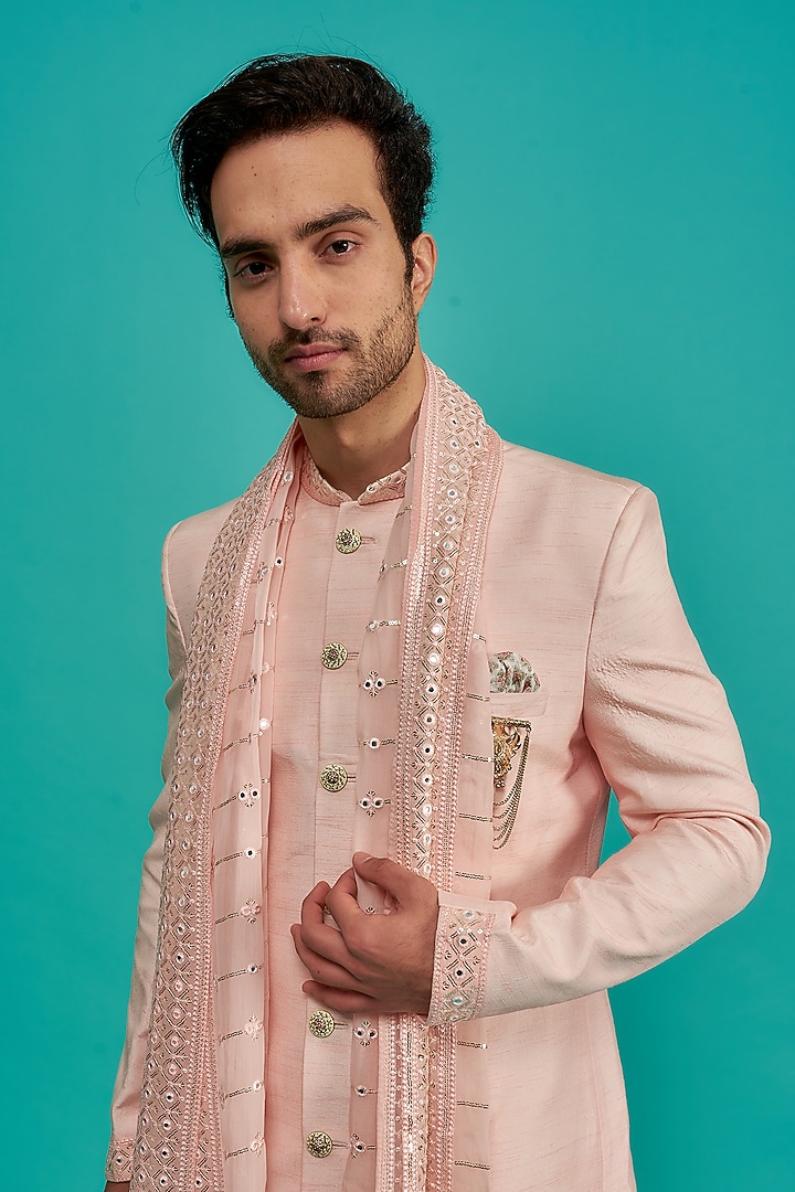 Peach Silk Wedding Sherwani Set by UNIQA at Pernia's Pop Up Shop