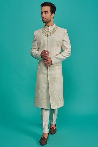 Cream Silk Hand Embroidered Sherwani Set by UNIQA