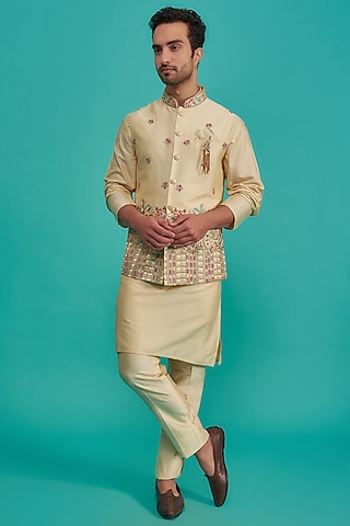 Cream Silk Embroidered Bundi Jacket Set by UNIQA