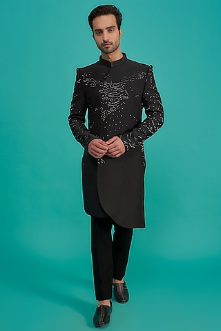 Black Japanese Fabric Embroidered Indowestern Set by UNIQA